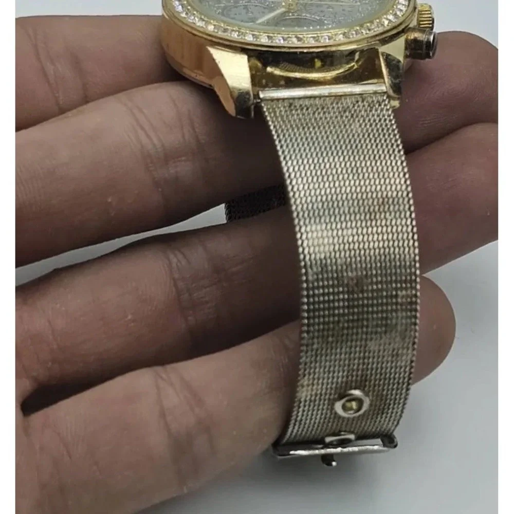 Gold Tone Ladies Watch Triple Sub Glitter Dial Crystal Bezel Mesh Band *C-photos